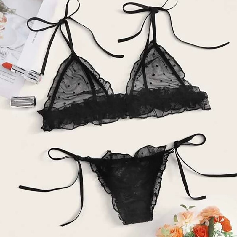 Leechee Dot Mesh Underwear Sexy Women Plus Size Lace Lingerie Top+Thong Bra Set Black Sleepwear Erotic French Girl Triangle Cup