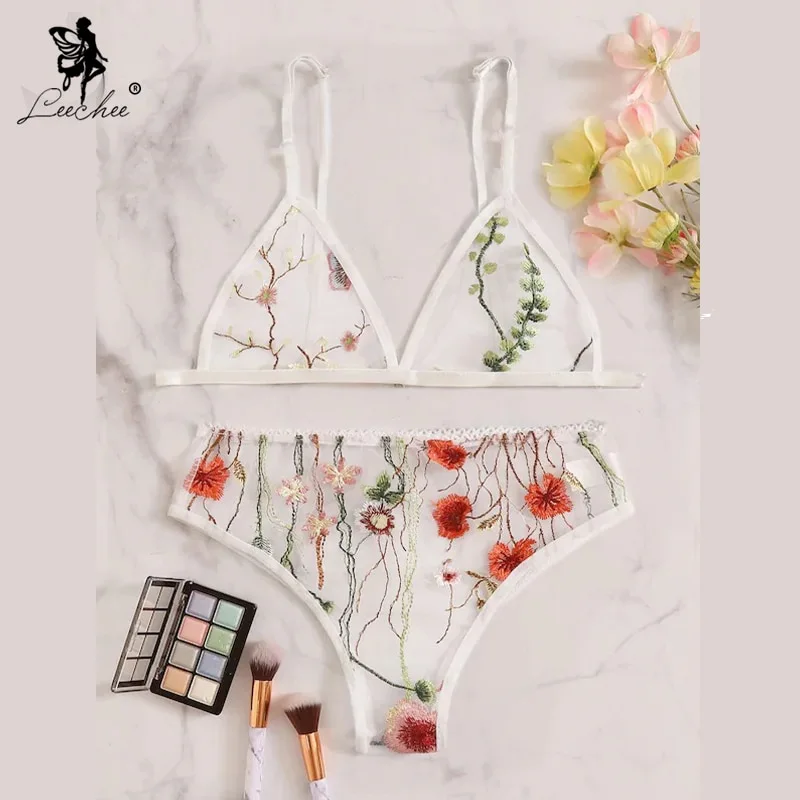 Leechee Women Underwear Embroidery Mesh Transparent Bra Sets Fashion V-Neck Comfortable Suit