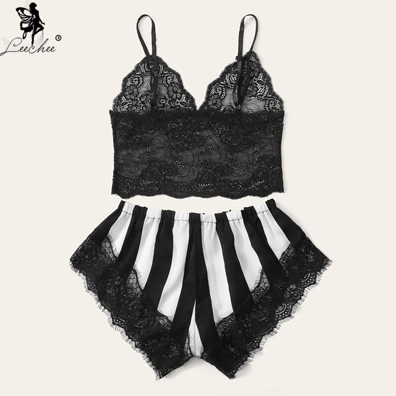 Leechee Sexy V-ncek Lace Trim pijamas Sleepwear Transparent Sleep Tops+Shorts Home Suit