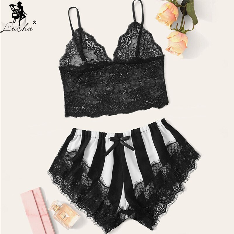 Leechee Sexy V-ncek Lace Trim pijamas Sleepwear Transparent Sleep Tops+Shorts Home Suit