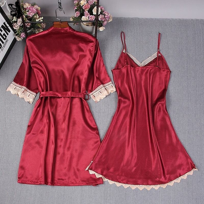 LEECHEE V-Neck Femme Sexy Homewear Comfortable Gown Lace Summer Robe