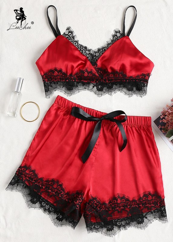 LEECHEE 2020 New Satin Homewear Suit Lace Trim Tops Bra+Shorts Sexy Sleepwear