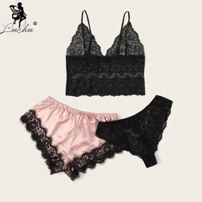 Leecheee Women Pijamas Set Lace Sleep Top+Satin Shorts 3pcs Sexy V Neck Lingerie Home Suit Pajamas Ladies Summer Cute Sleepwear