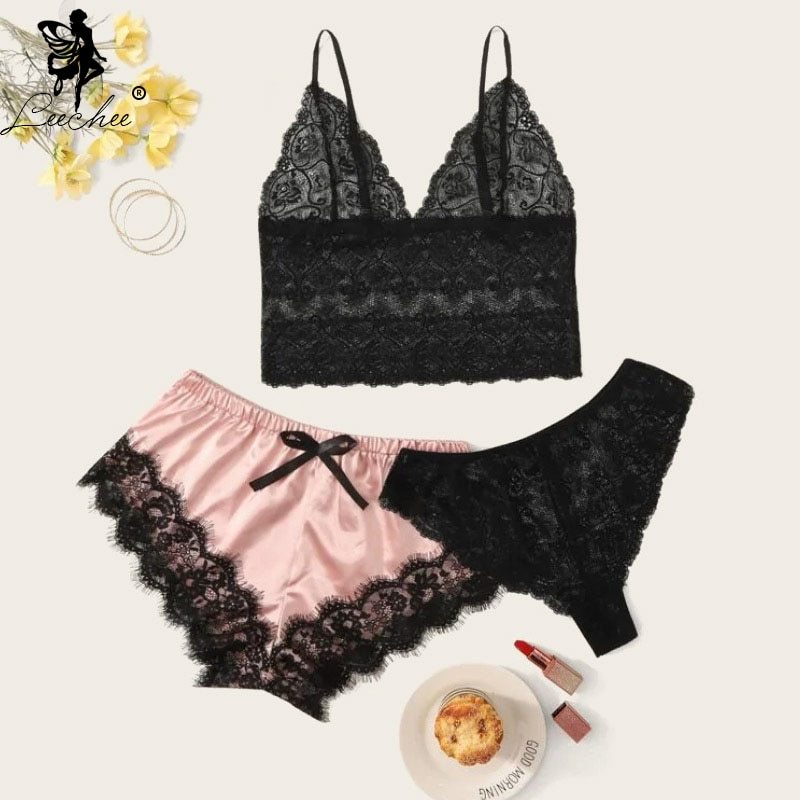 Leecheee Women Pijamas Set Lace Sleep Top+Satin Shorts 3pcs Sexy V Neck Lingerie Home Suit Pajamas Ladies Summer Cute Sleepwear