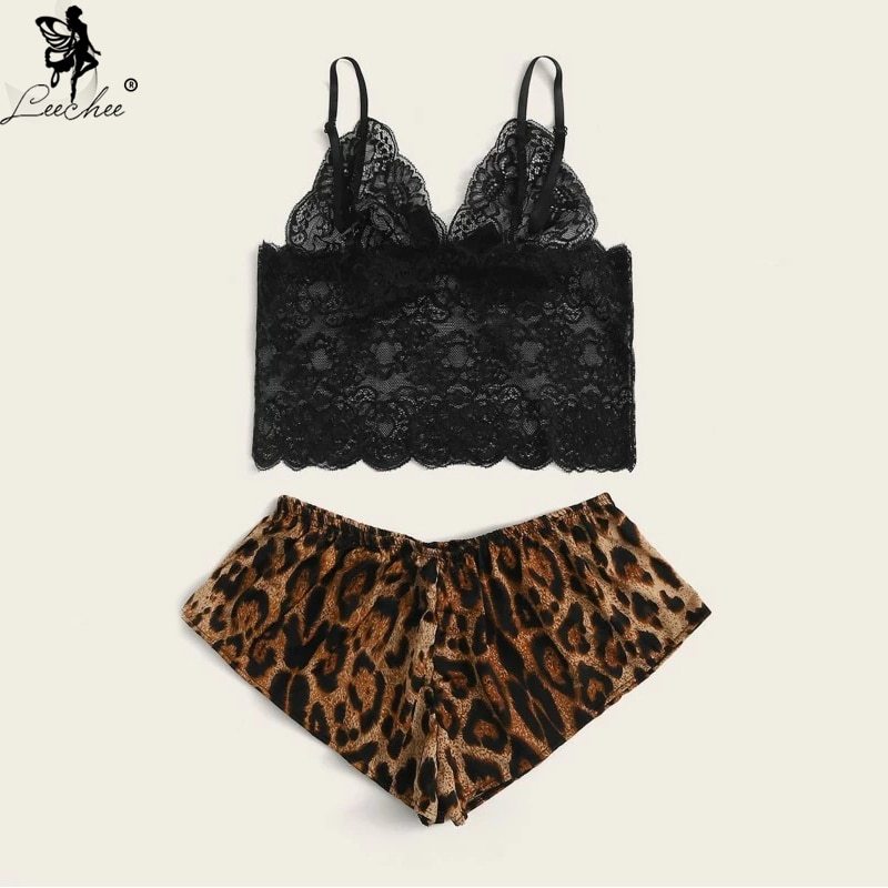 Leechee Women's Pajamas Leopard Print Sexy Sleepwear Home clothes