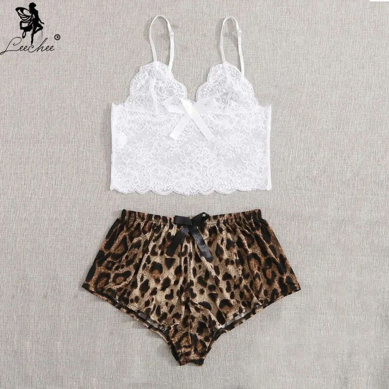 Leechee Women's Pajamas Leopard Print Sexy Sleepwear Home clothes