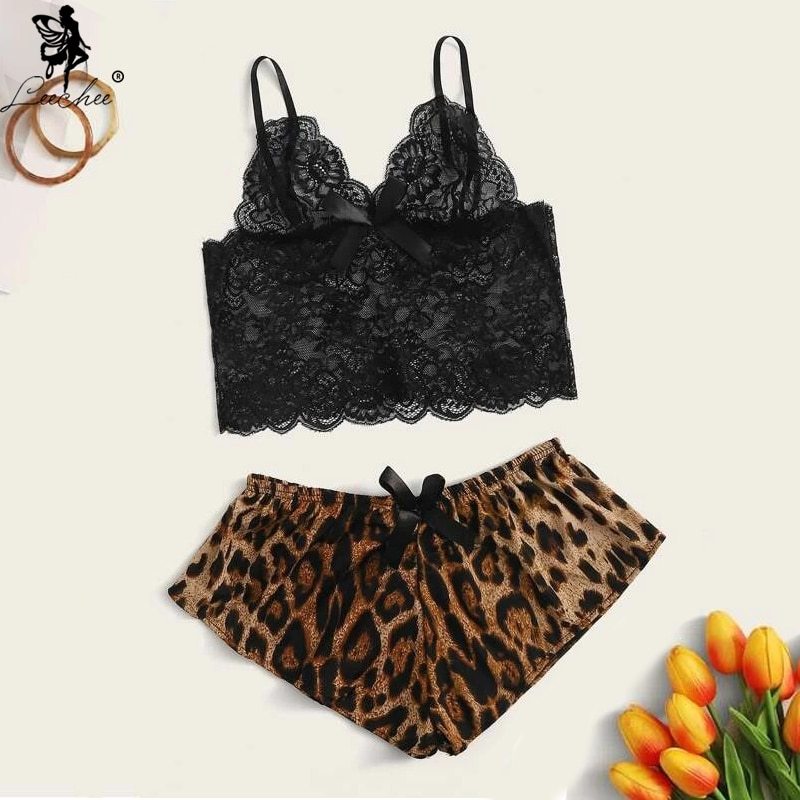 Leechee Women's Pajamas Leopard Print Sexy Sleepwear Home clothes