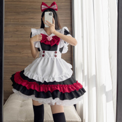 Lolita Gothic style black and red maid cos animation role play costume without Socks