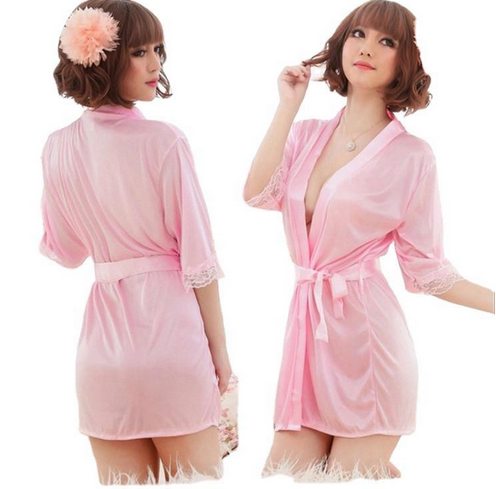 2pcs Sexy Lingerie  ice silk bathrobe nightdress kimono pajamas  large cherry temptation