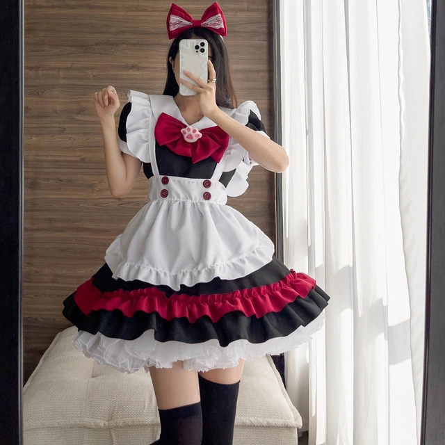 Lolita Gothic style black and red maid cos animation role play costume without Socks