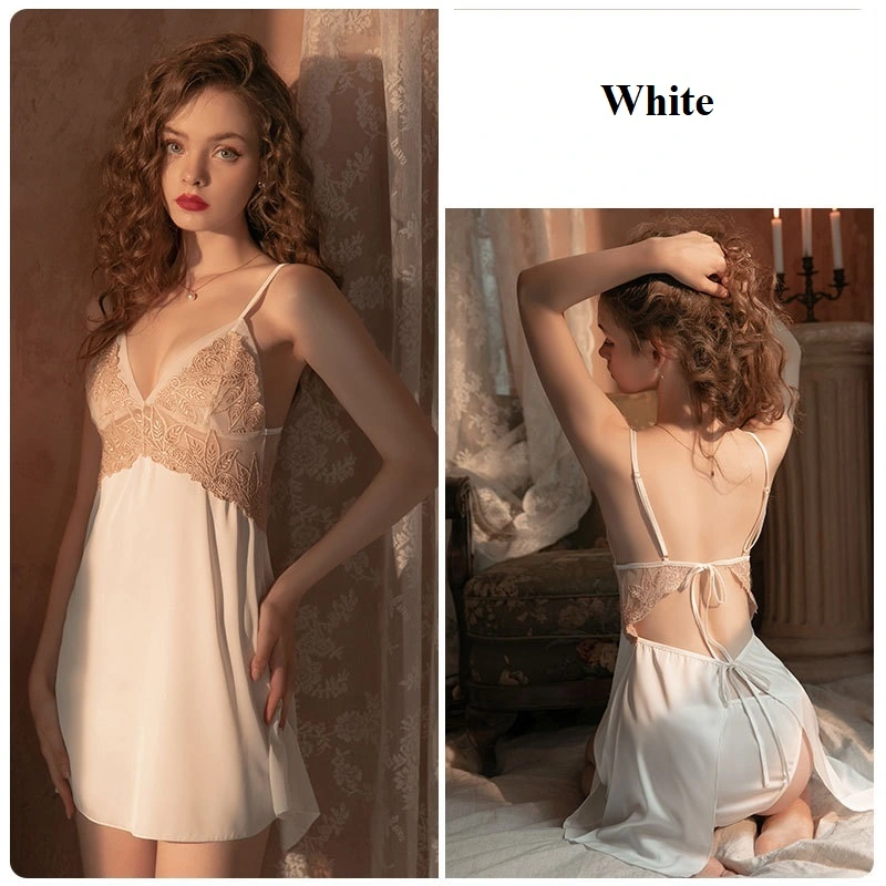 Deep V Spring and Summer Suspenders Nightdress Thin Backless Seduction Nightgown Women's Home Suit Set