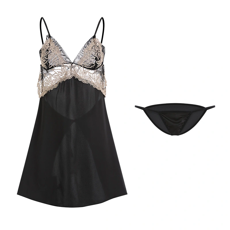 Deep V Spring and Summer Suspenders Nightdress Thin Backless Seduction Nightgown Women's Home Suit Set