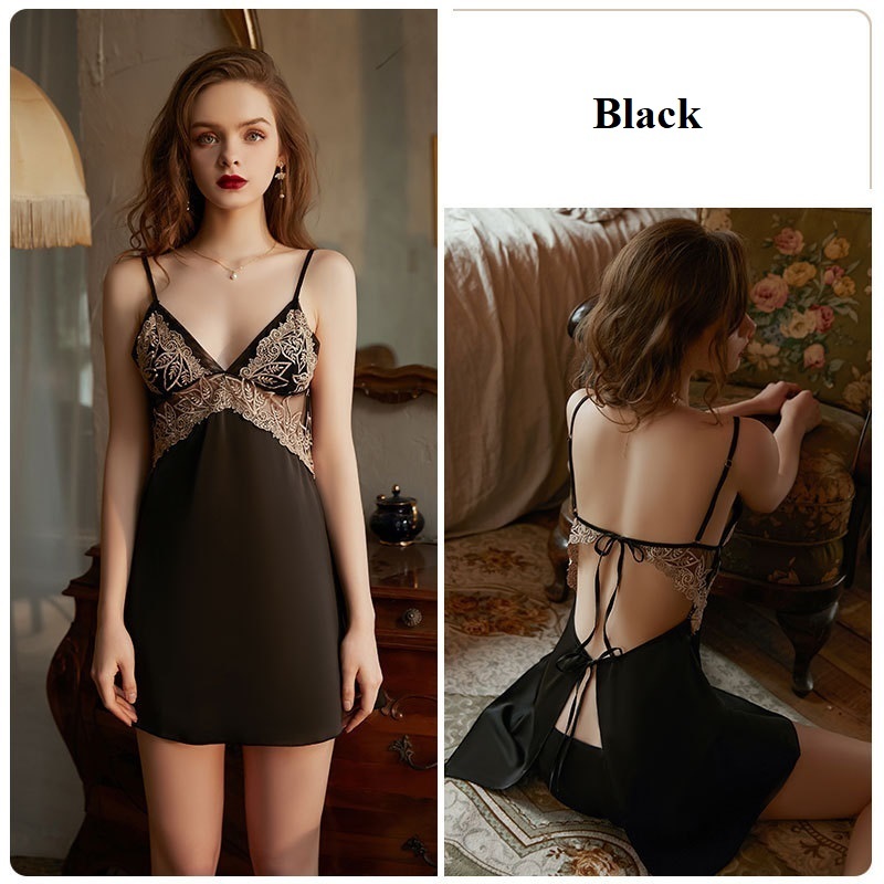 Deep V Spring and Summer Suspenders Nightdress Thin Backless Seduction Nightgown Women's Home Suit Set