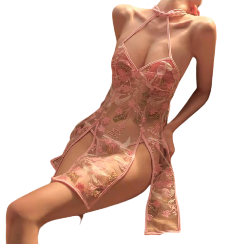 Sexy Underwear Sexy Pajamas Classical Flower and Bird Embroidery Slit Cheongsam Role Play Transparent Seductive Uniform Set