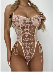 Embroidered Mesh Lace-up  Bodysuit