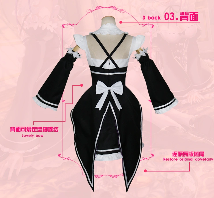 Anime Re:Life In  Different World From Zero Remu Rem Ram Cute Maid Cosplay Set Black and White Lovely Dress Costume