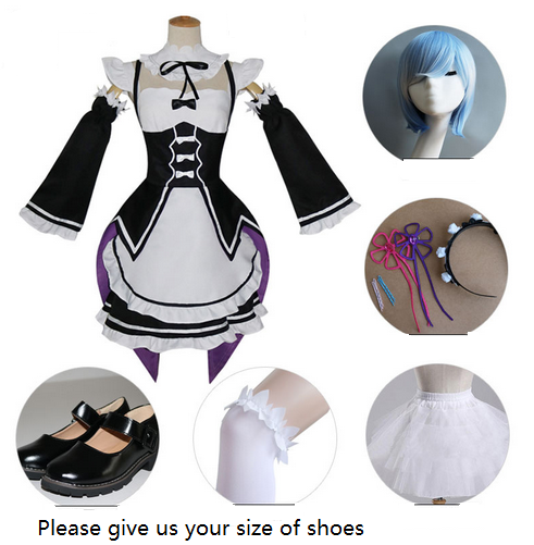 Anime Re:Life In  Different World From Zero Remu Rem Ram Cute Maid Cosplay Set Black and White Lovely Dress Costume