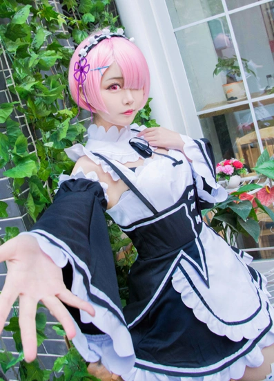 Anime Re:Life In  Different World From Zero Remu Rem Ram Cute Maid Cosplay Set Black and White Lovely Dress Costume