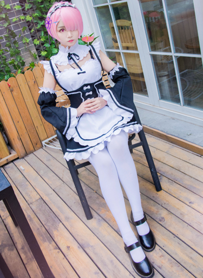 Anime Re:Life In  Different World From Zero Remu Rem Ram Cute Maid Cosplay Set Black and White Lovely Dress Costume
