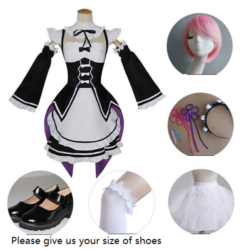 Anime Re:Life In  Different World From Zero Remu Rem Ram Cute Maid Cosplay Set Black and White Lovely Dress Costume