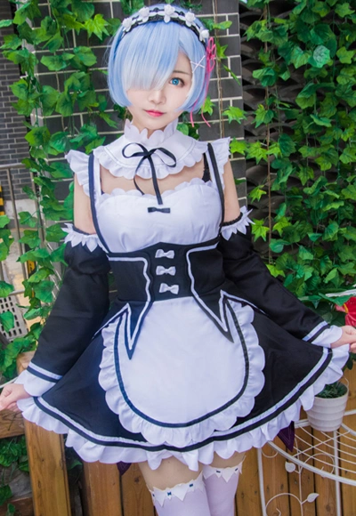 Anime Re:Life In  Different World From Zero Remu Rem Ram Cute Maid Cosplay Set Black and White Lovely Dress Costume