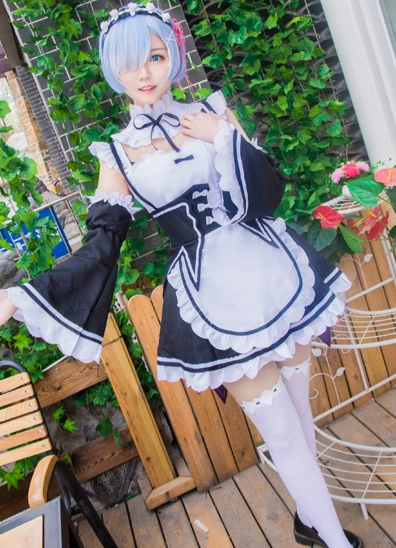 Anime Re:Life In  Different World From Zero Remu Rem Ram Cute Maid Cosplay Set Black and White Lovely Dress Costume