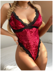 Lace Trim Velvet Teddy Bodysuit