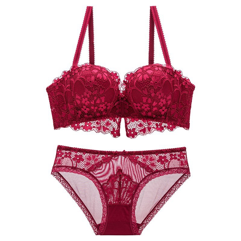 Lace Embroidered Women Underwear Thin on Top Thick Underwire Bra Set