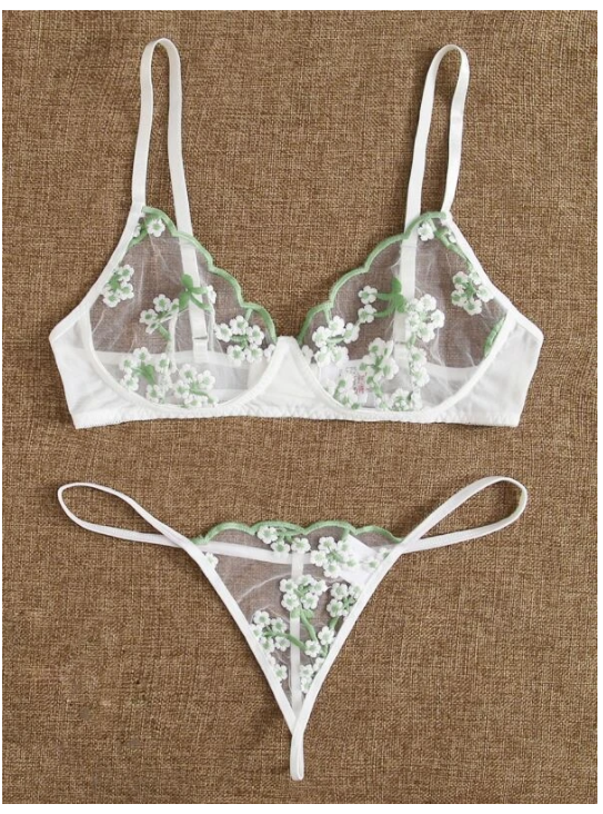 Floral Embroidery Mesh Lingerie Set