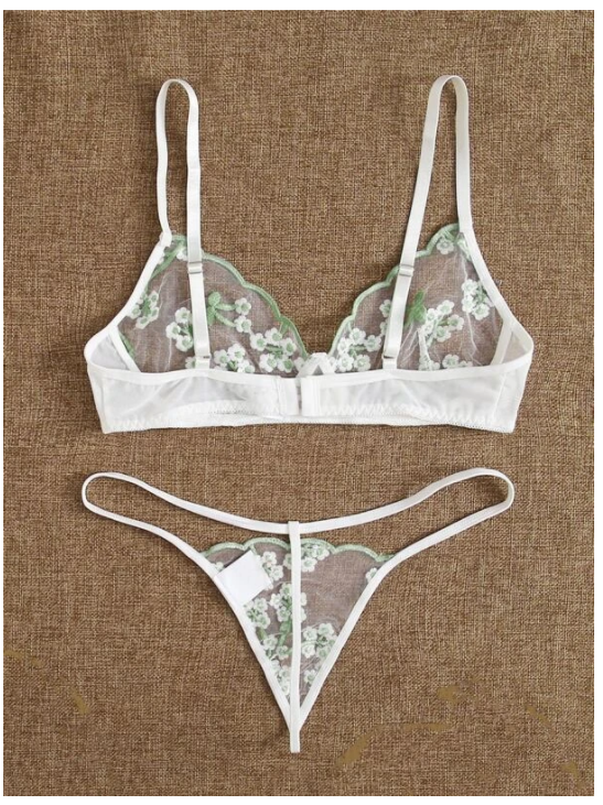 Floral Embroidery Mesh Lingerie Set