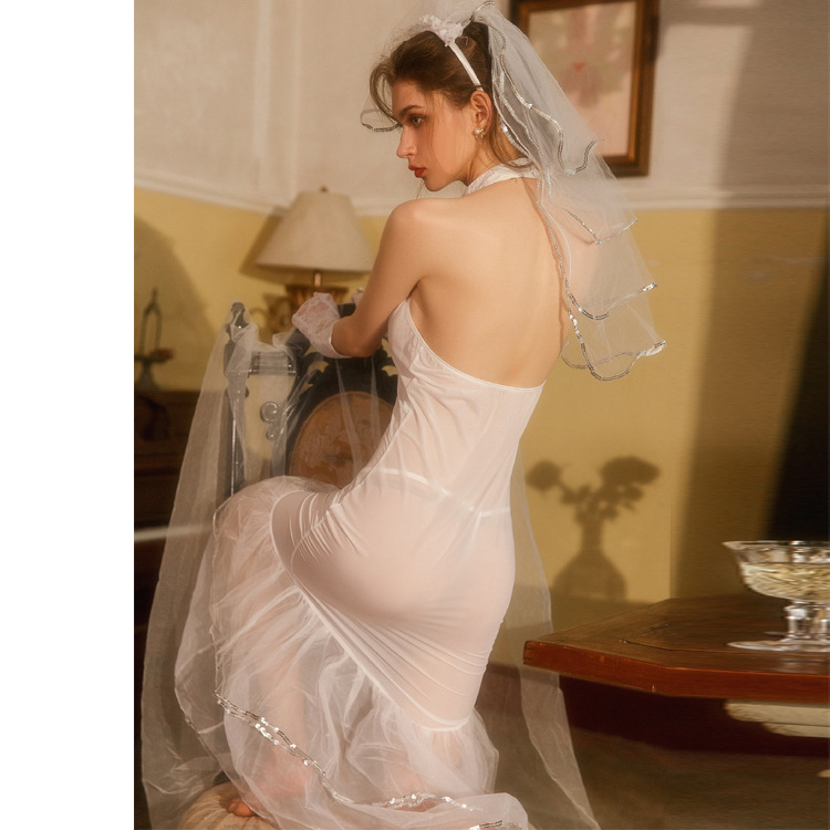 Sexy Lingerie Thin Kace See Through Gauze Dress Bridal Gown Nightdress Seductive Role Play Uniform