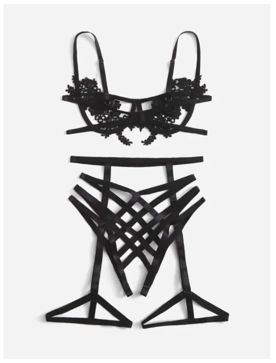 Cut-out Applique Underwire Garter Lingerie Set