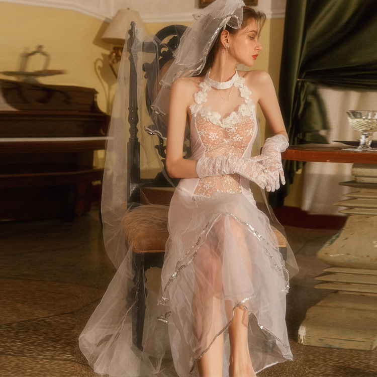 Sexy Lingerie Thin Kace See Through Gauze Dress Bridal Gown Nightdress Seductive Role Play Uniform
