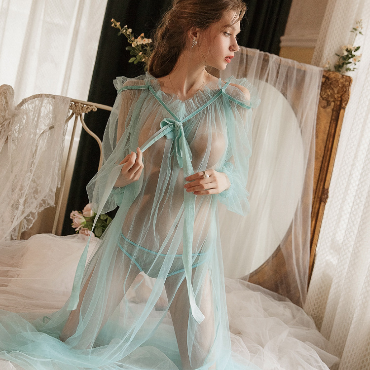 Lace Gauze See Through Loose Sexy Home Long Nightgown for Women