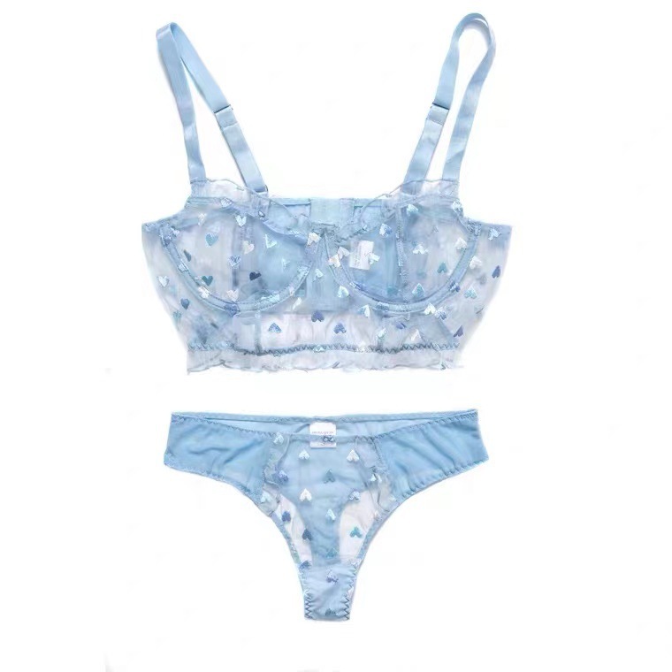 Sexy super thin bra Sexy flounces French bra girl see through fairy blue love bra set