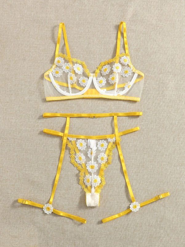 Ladies lovely yellow floral embroidery net garter lingerie set