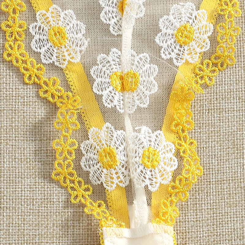 Ladies lovely yellow floral embroidery net garter lingerie set