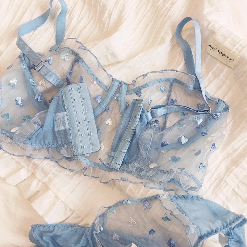 Sexy super thin bra Sexy flounces French bra girl see through fairy blue love bra set