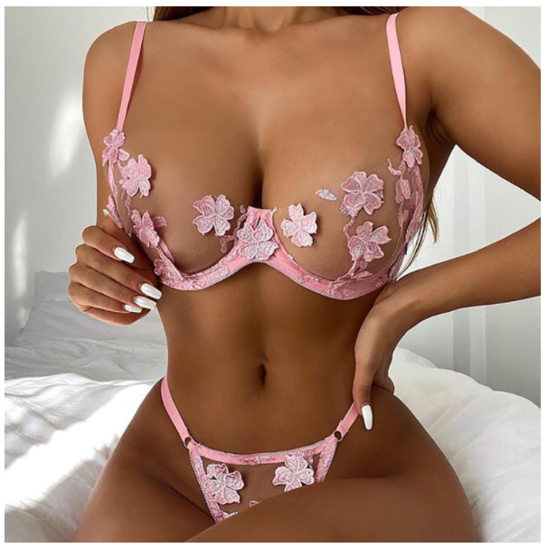 Sexy Lace Lingerie Set Floral See Through Bra Panty Nightwear Transparent Pink Underwear Women Embroidery Sheer Under Wear