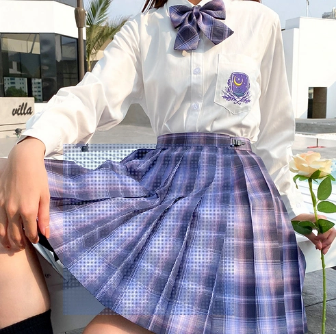 JK uniform embroidered white shirt night Plaid pleated skirt cute student school cosplay costume set Without flower，shoes or socks