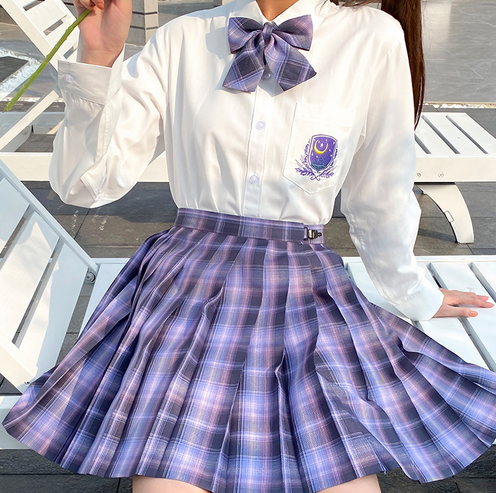 JK uniform embroidered white shirt night Plaid pleated skirt cute student school cosplay costume set Without flower，shoes or socks