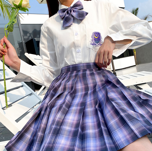 JK uniform embroidered white shirt night Plaid pleated skirt cute student school cosplay costume set Without flower，shoes or socks