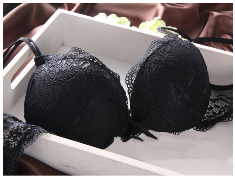 Leechee Sexy Bra Set Thin Deep V-neck Embroidery Push Up Underwear Lace Underpants Vintage Solid Color Brief Bows Ribbons Suit