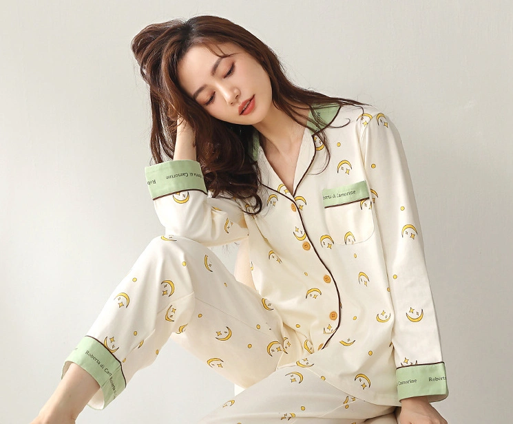 Women's pajamas long sleeve autumn cardigan Lapel button cotton large home wear set