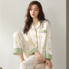 Women's pajamas long sleeve autumn cardigan Lapel button cotton large home wear set