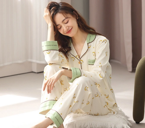 Women's pajamas long sleeve autumn cardigan Lapel button cotton large home wear set