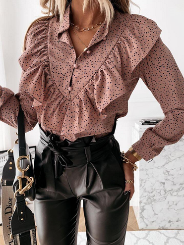 2 Sets Women Elegant Ruffle Blouse Shirts Polka Dot Leopard Blouses Femme Summer V-Neck Long Sleeve Casual Tops Plus Size Women