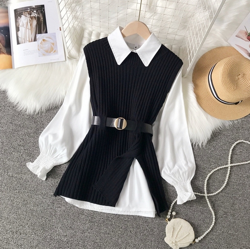 2 PCs set spring autumn Long lantern sleeve shirt women knitted vest women Shirts Sleeveless Sweater tops