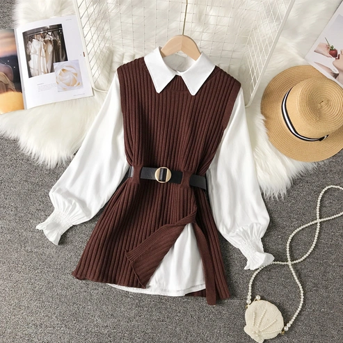 2 PCs set spring autumn Long lantern sleeve shirt women knitted vest women Shirts Sleeveless Sweater tops