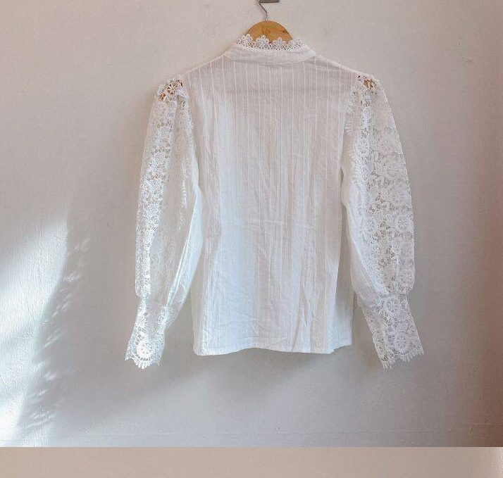 Petal Sleeve Stand Collar Hollow Out Flower Lace Patchwork Shirt Female Blusas All-match Women Lace Blouse Button White Top